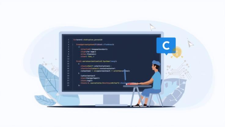 A clean, modern flat-style illustration showing a computer screen displaying C language code with syntax highlights, a blue C logo in the corner, and a young programmer sitting at a desk coding. The backgr-zkN3mpqd1N.jpg